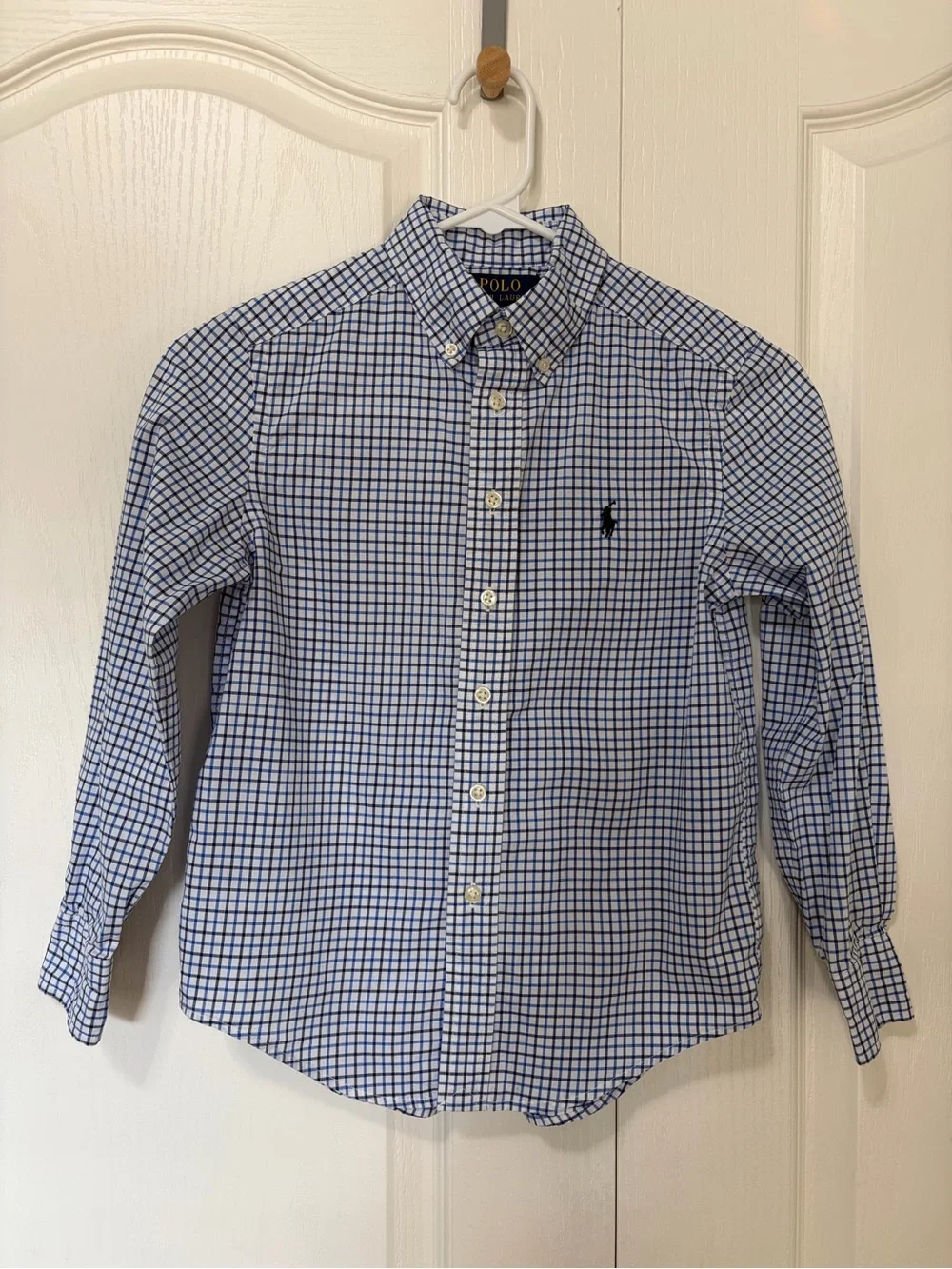 Polo Ralph Lauren Boys Blue White Plaid Button Down Shirt Size S 8 Cotton Pony